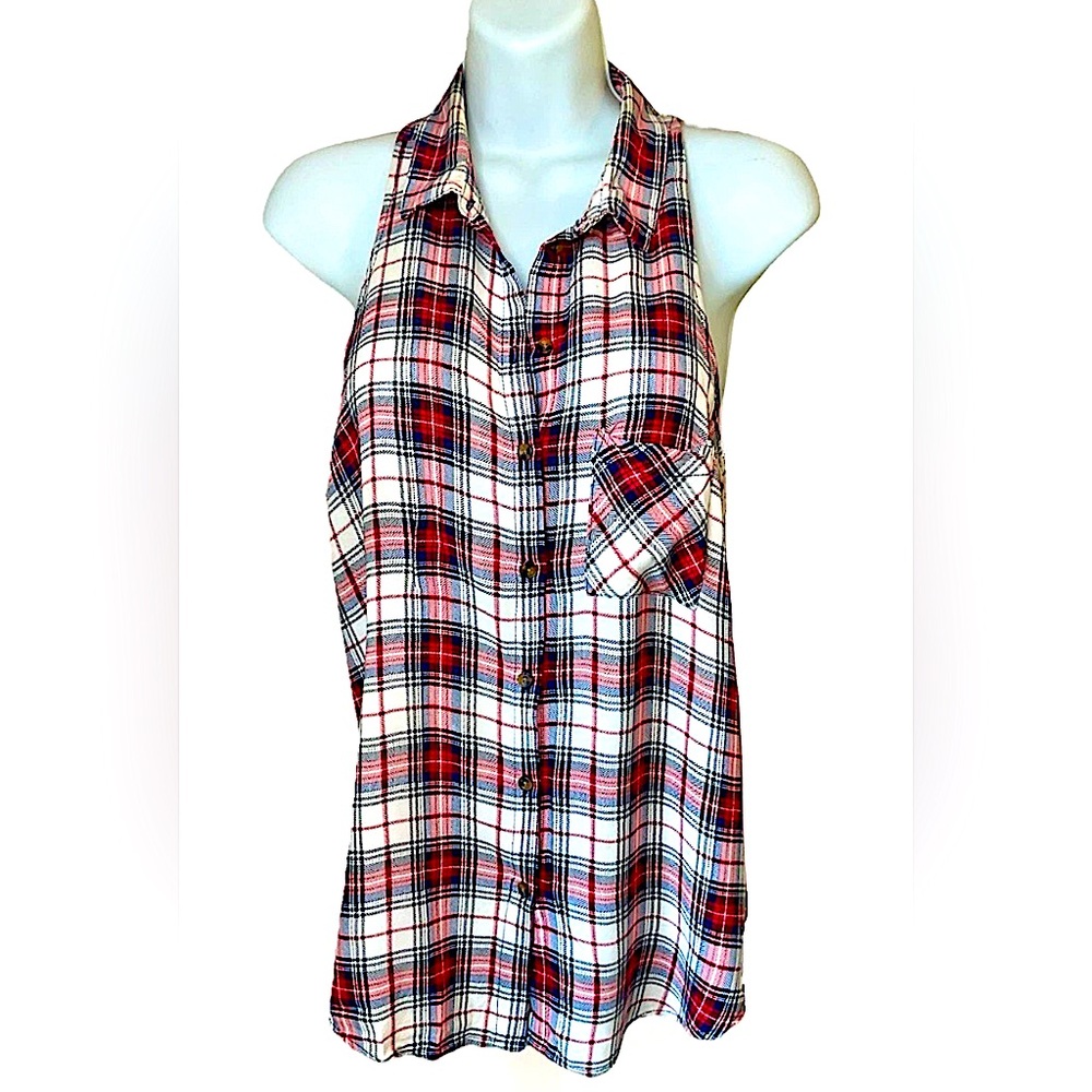 🇺🇸POLY & ESTER🇺🇸 SLEEVELESS PLAID COLLARED BUTTON FRONT POCKET ROCKABILLY TOP